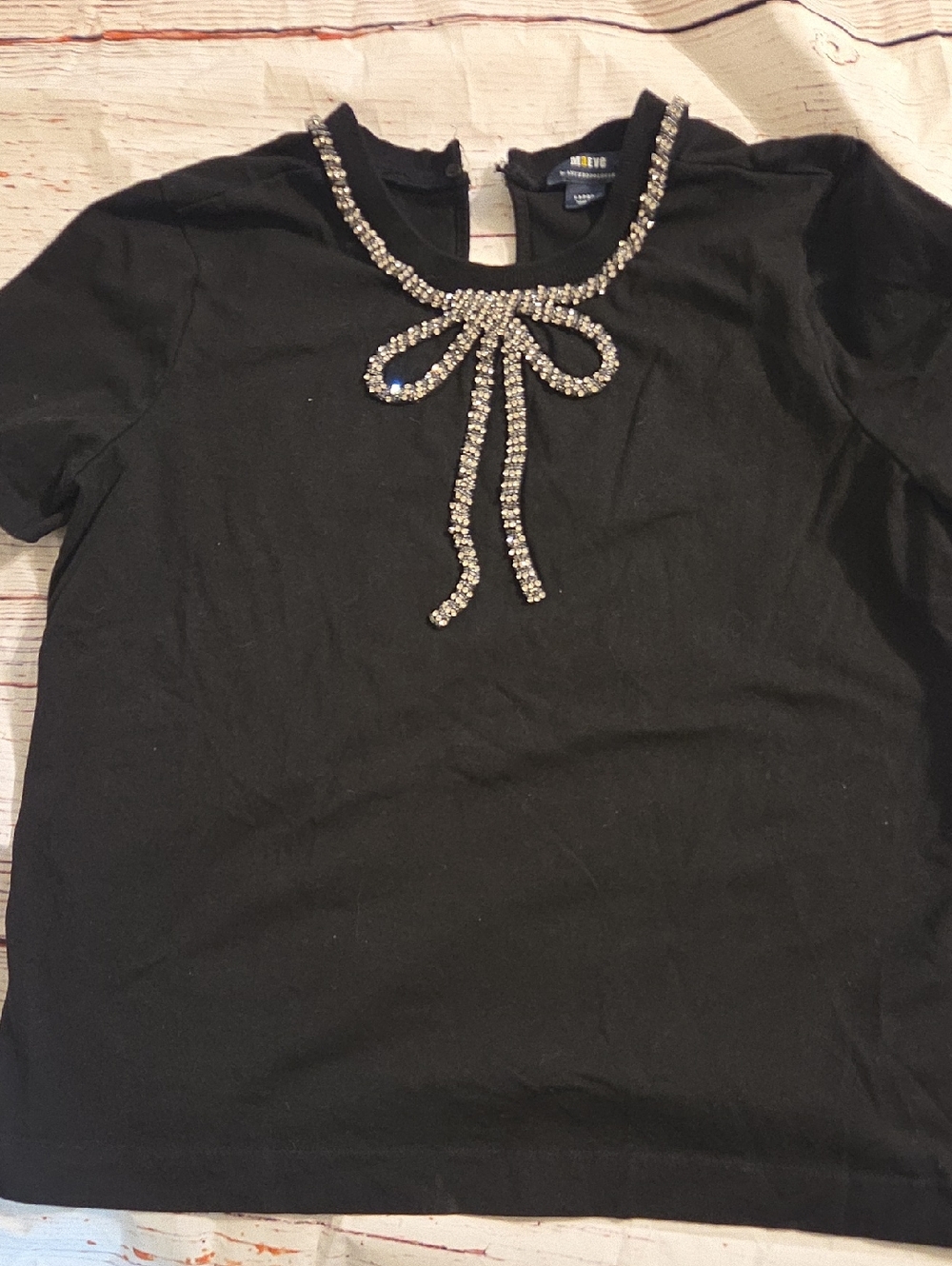 MAEVE by Anthropologie Embellished Black Short Sleeve Jewel Bow Top